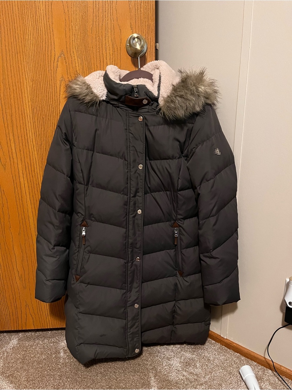 Lauren Ralph Lauren Black Quilted Down-Style Puffer Coat with Faux Fur Hood